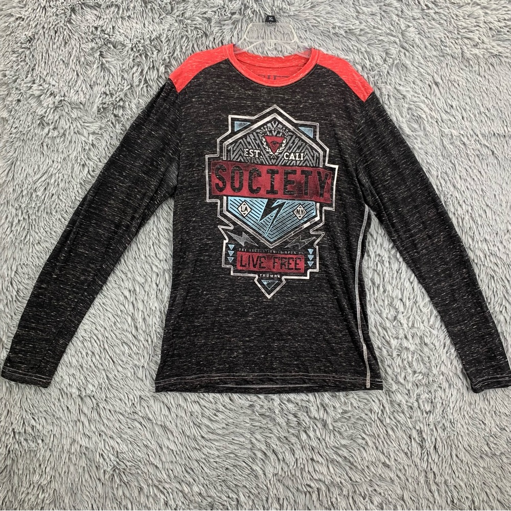Society Shirt Mens Large Spellout Heathered Long Sleeve Shirt Black Red